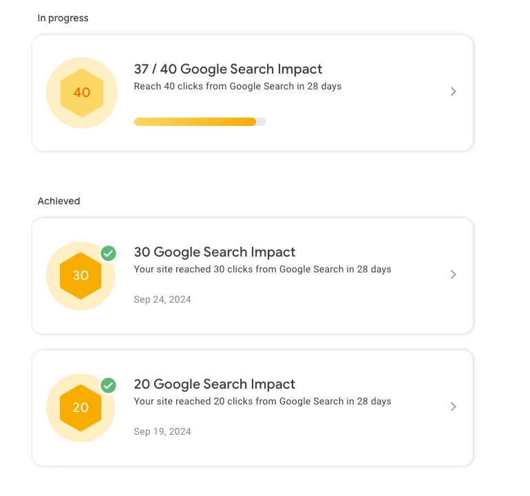 Redacted Google Search Console Search Impact source record for 30 Google Search clicks recorded in 28 days.