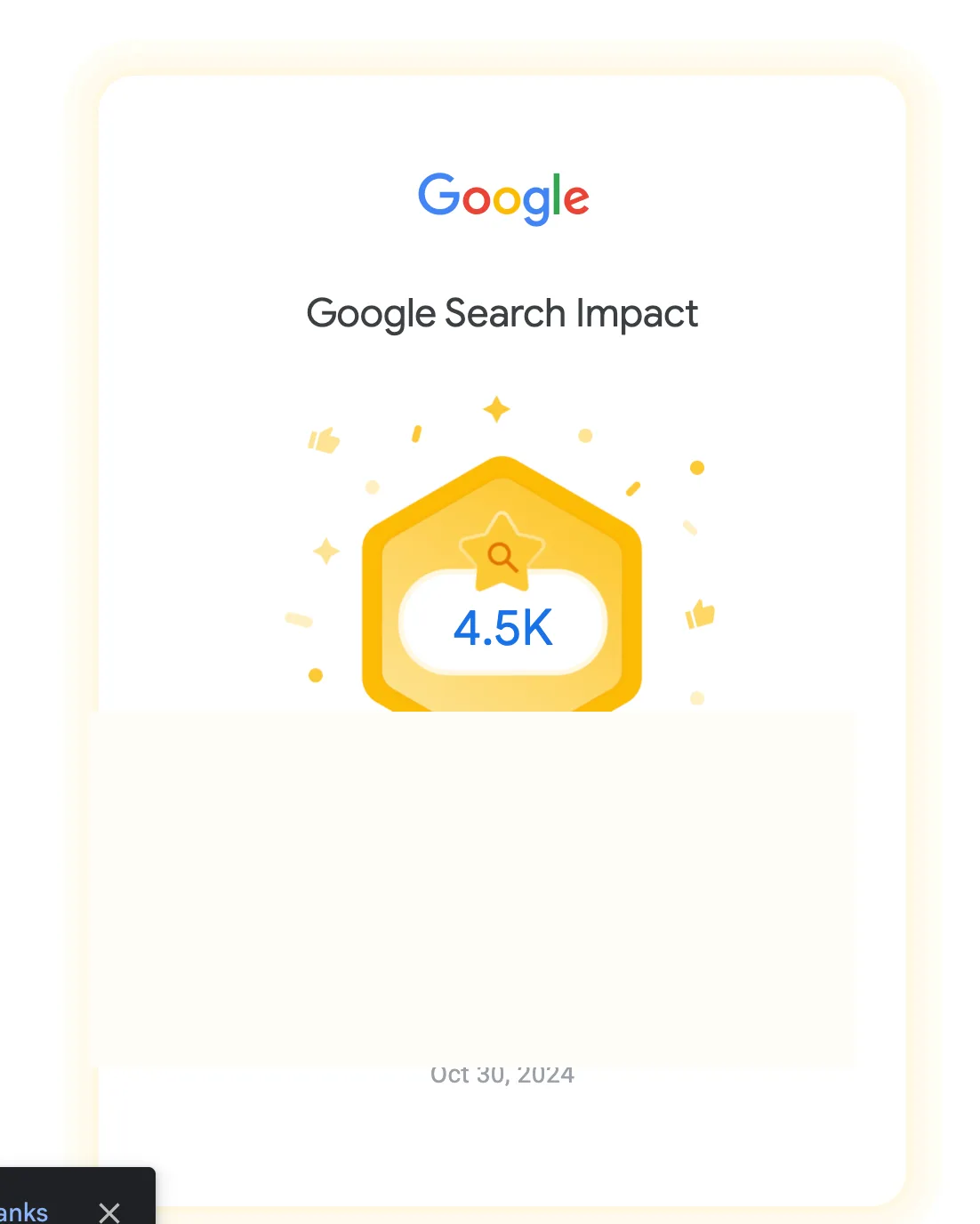 Redacted Google Search Console Search Impact source record for 4,500 Google Search clicks recorded in 28 days.
