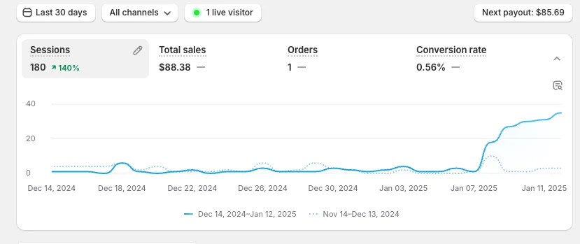 Redacted Shopify Analytics source record for Store sessions increased 140% over the preceding 30 days.