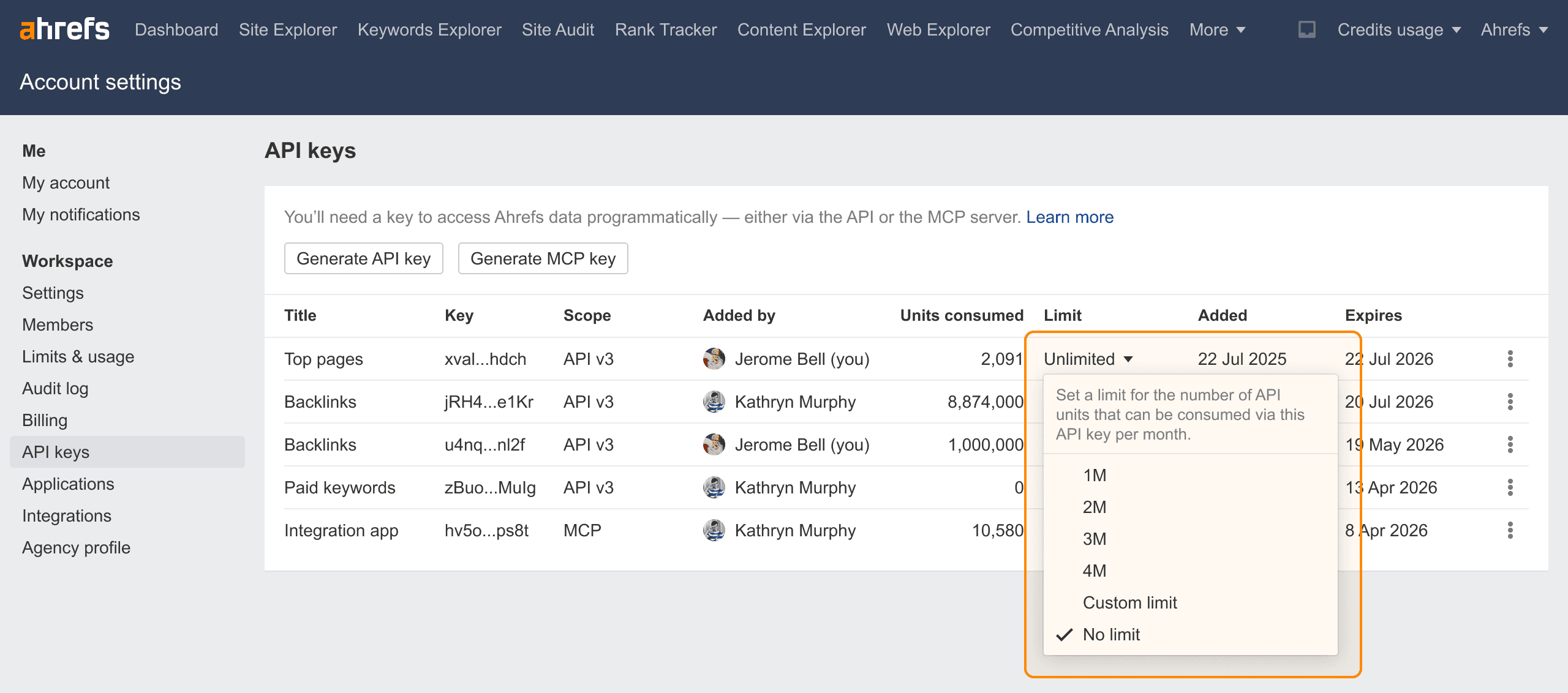 Ahrefs API key settings showing a monthly API unit limit control