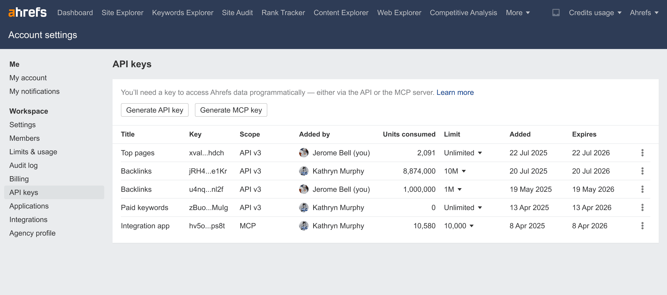 Ahrefs account settings interface for creating and managing API keys, with key values concealed by the interface