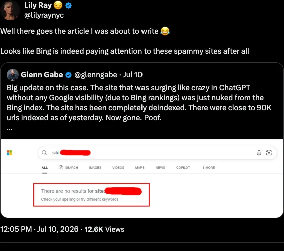 Lily Ray's July 10, 2026 X post noting that Bing appeared to have acted against the reported spam sites.