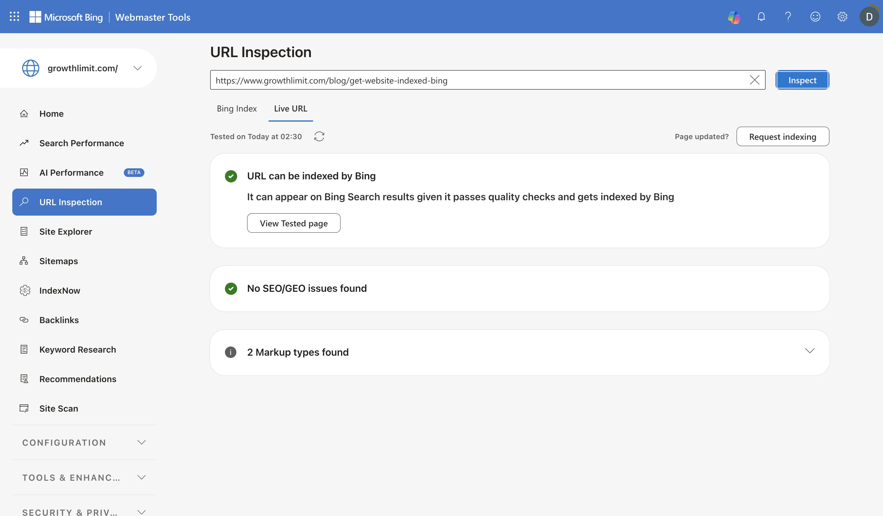Bing Webmaster Tools Live URL test showing that the Growth Limit Bing indexing guide can be indexed, annotated with four numbered interpretation steps.