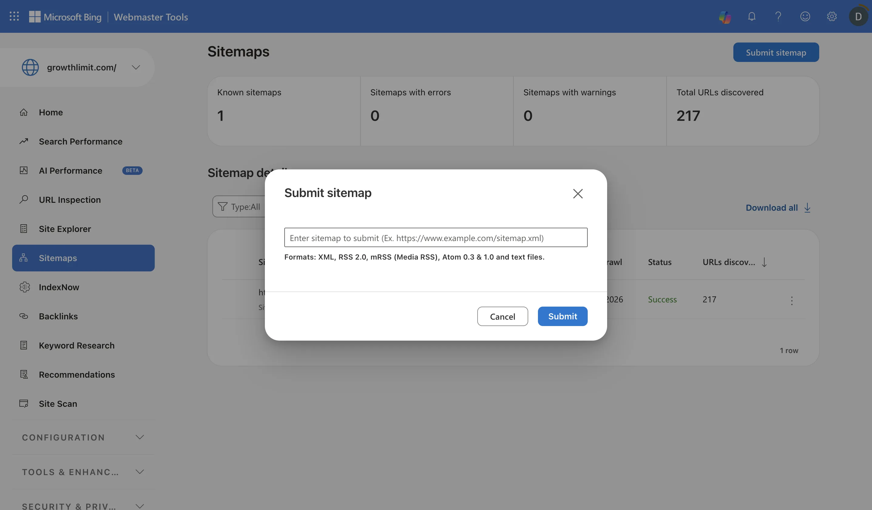 Bing Webmaster Tools Submit sitemap dialog open for the Growth Limit property, annotated with four numbered steps.