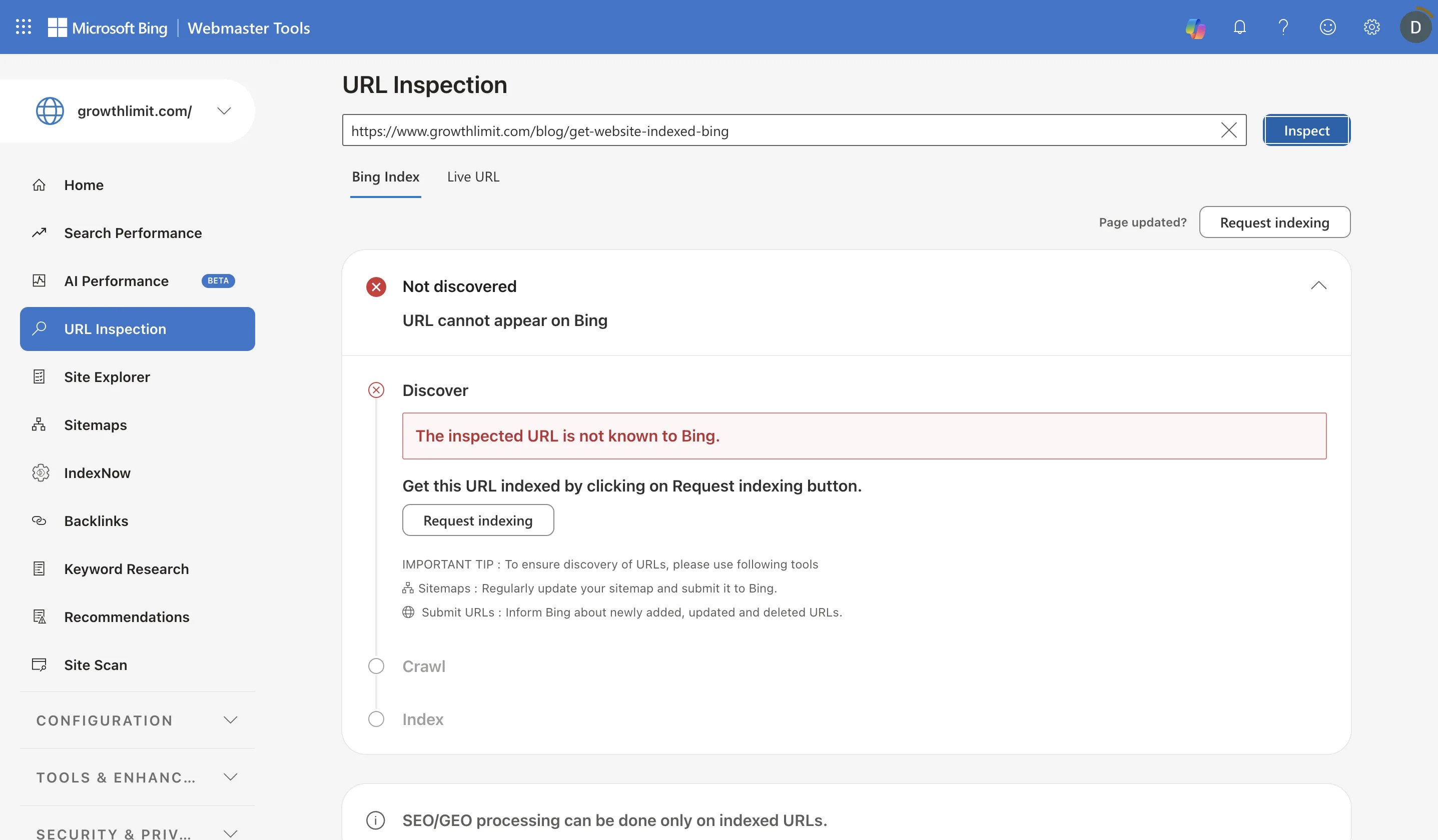 Bing Webmaster Tools URL Inspection showing the Growth Limit Bing indexing guide as not discovered, annotated with four numbered diagnostic steps.