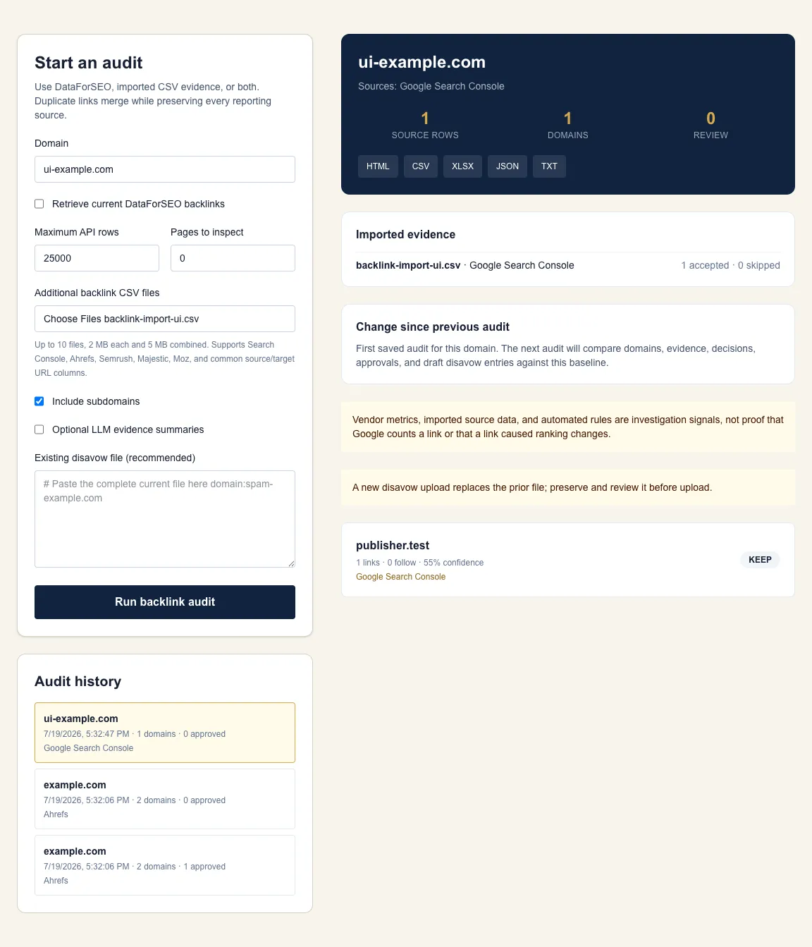 Completed CSV-only Growth Limit backlink audit with import attribution, comparison baseline, grouped evidence, downloads, and saved history