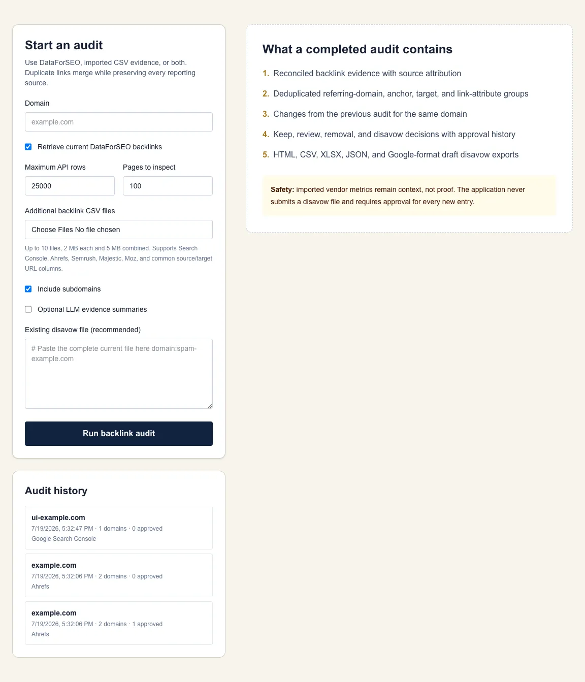 Growth Limit toxic backlink checker start screen with DataForSEO control, multi-source CSV import, limits, existing disavow input, and audit history